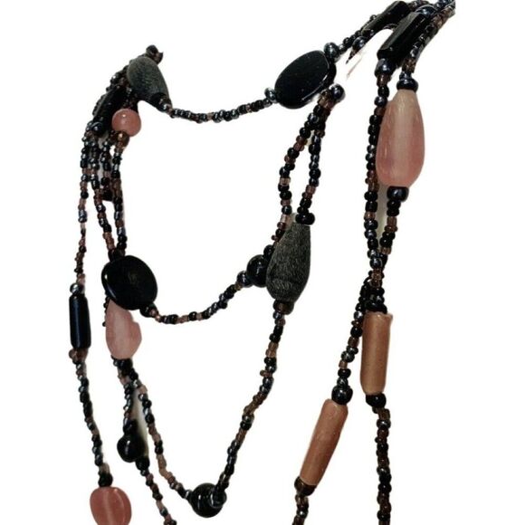 Vintage Pink Black multi 5 Tier Chic Beaded Silver Tone Layered Necklace 24” - Picture 4 of 10